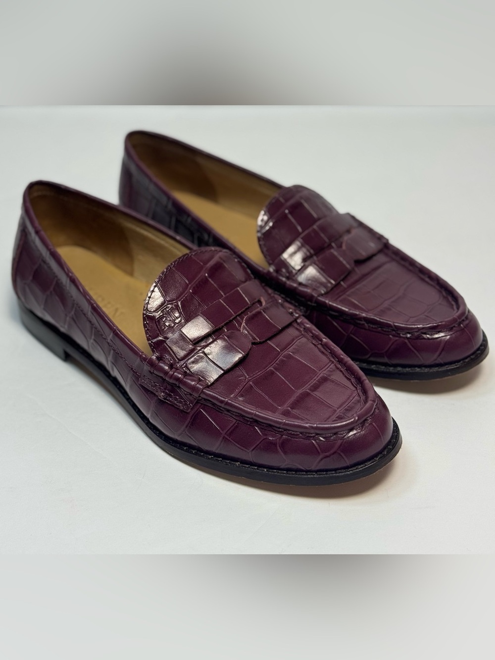 Lauren Ralph Lauren Wynnie Croc Embossed Leather Penny Loafers Plum Wine 7.5B
